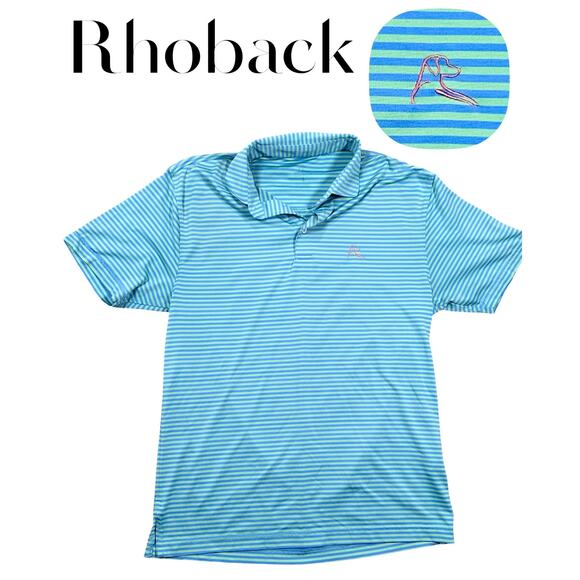Rhoback Performance Golf Polo Shirt Men’s Small Blue Green Striped Stretch UPF - Picture 1 of 8